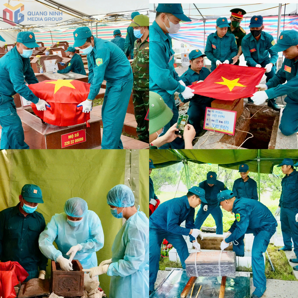 Các lực lượng quân sự, y tế phối hợp chặt chẽ trong quá trình thực hiện khai quật, lấy mẫu hài cốt liệt sĩ.