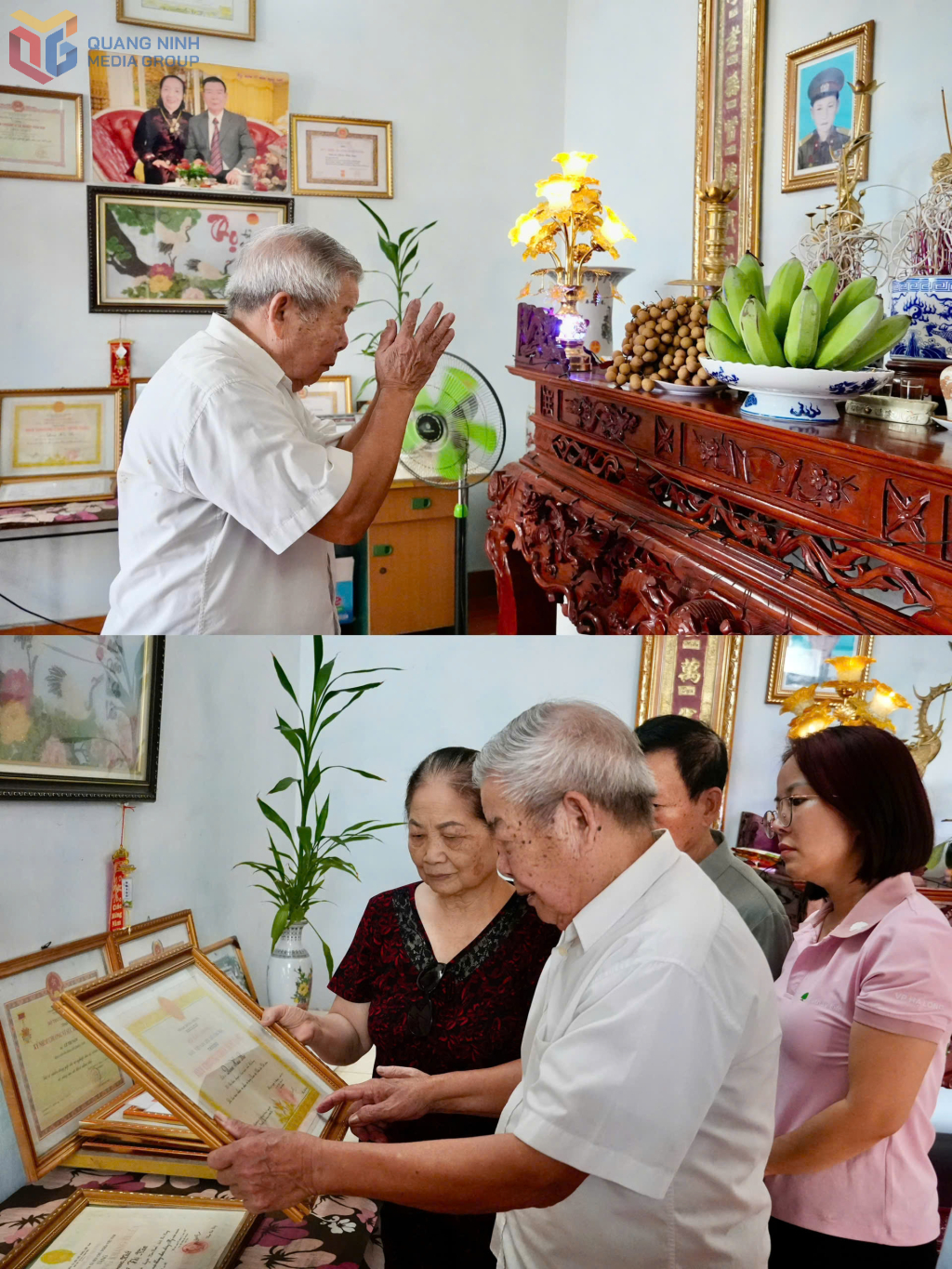 Ông Đoàn Hữu Lập (phường Hà Lầm) cùng các thành viên trong gia đình dâng hương và trò chuyện về những ký ức đối với liệt sĩ Đoàn Hữu Ba.