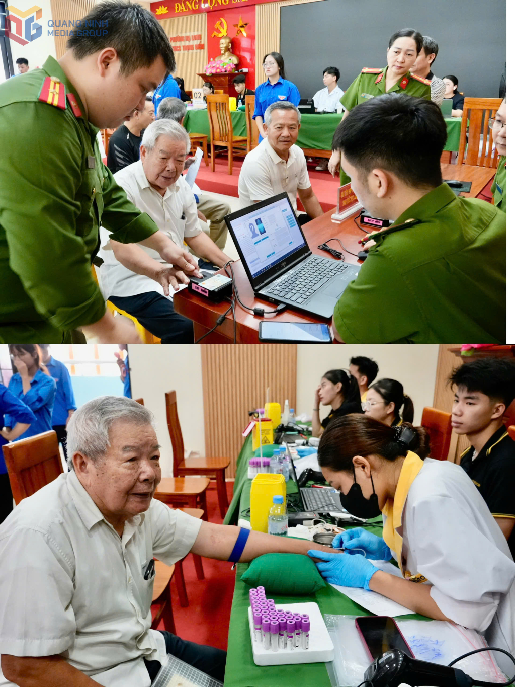 Ông Đoàn Hữu Lập (phường Hà Lầm) được các lực lượng chức năng hướng dẫn chu đáo, tỉ mỉ quá trình thực hiện thu nhận mẫu.